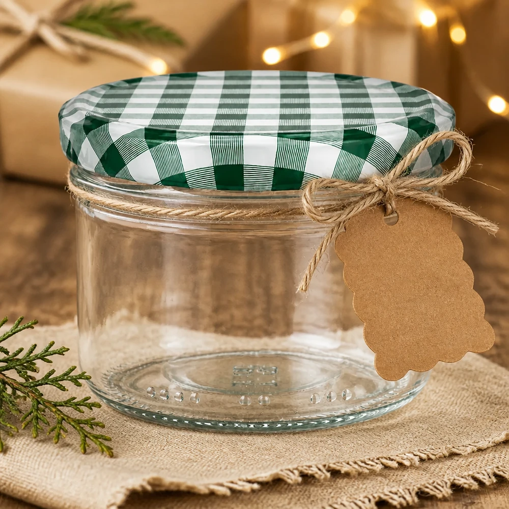 230ml cilindrische pot met BasicSeal deksel groen/wit UNiTWIST Lege 230 ml cilinderpot met groen en wit geruit deksel als geschenkverpakking met jute koord en kraftpapier label