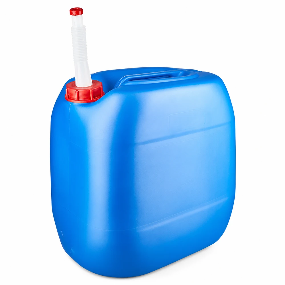 Canister 30 liter blauw met flexibele uitloop Grote blauwe platte jerrycan van 30 liter met buigzame uitloop en kindveilige sluiting