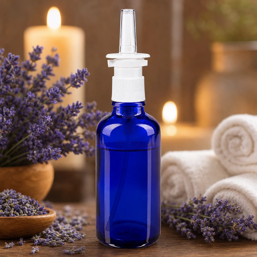Farmaceutische verstuiverfles van 50 ml in blauw glas met neusverstuiver, voor natuurlijke cosmetica