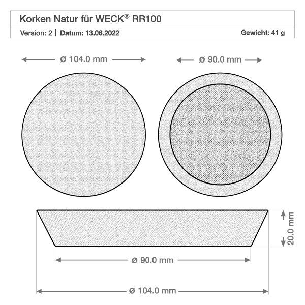 Kurk voor opening 94mm WECK RR100 (ø90/104, H=20mm) Technische tekening WECK RR100 kurkstop met afmetingen 104mm 90mm diameter 20mm hoogte gewicht 41g natuurkurk