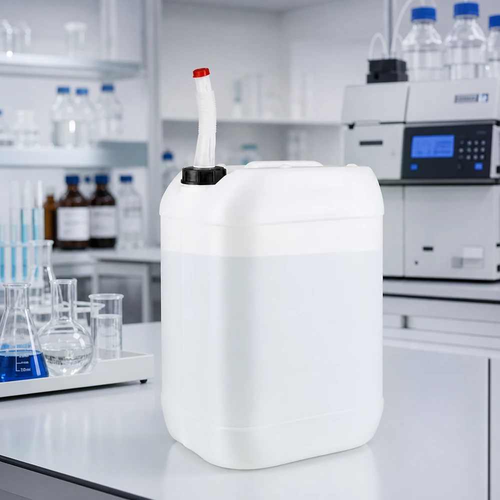 Voorraadreservoir van 25 liter met flexibele vulbuis en rode dop voor het veilig afnemen van chemicaliën