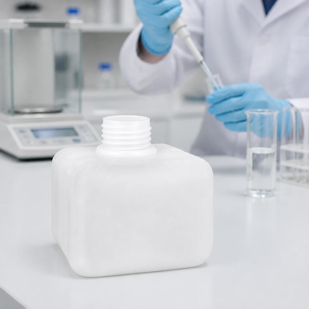 Chemicaliënfles 250 ml, nauwe hals Lege witte PE-HD-fles met smalle hals, 250 ml, GL28, met brede schroefdop op een laboratoriumtafel