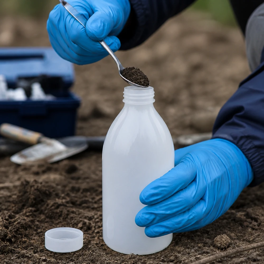 Nauwe hals laboratoriumfles 500ml met schroefsluiting Wissenschaftler entnimmt Erdprobe in 500ml Laborflasche mit engem Hals im Freien