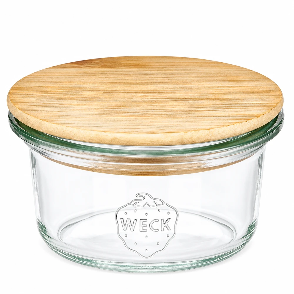 WECK-mini stortglas 50ml met hout deksel 50ml mini-tumblers WECK RR60 met rond houten deksel van bamboe, transparant potje met WECK-logo