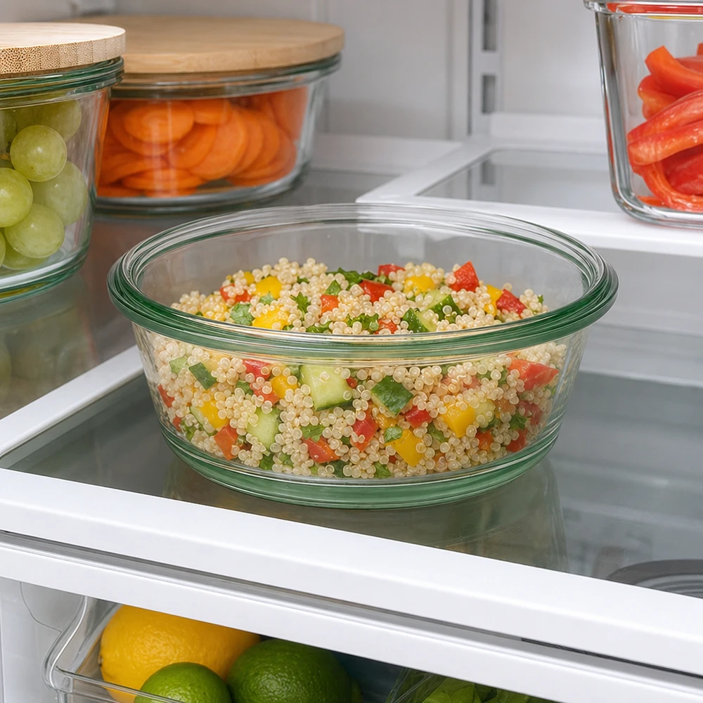 WECK RR120 gourmetglas van 300 ml WECK RR120 gourmetpot 300ml in de koelkast met quinoasalade toont praktische opslag van maaltijdbereidingen
