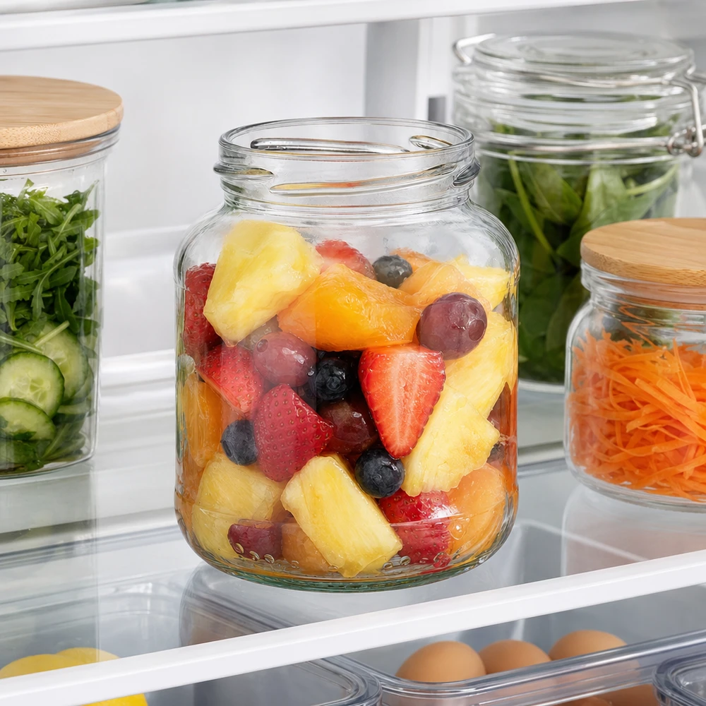 UNiTWIST Oval370 inmaakpot 370ml met fruitsalade in de koelkast naast andere voorraadpotten met groenten