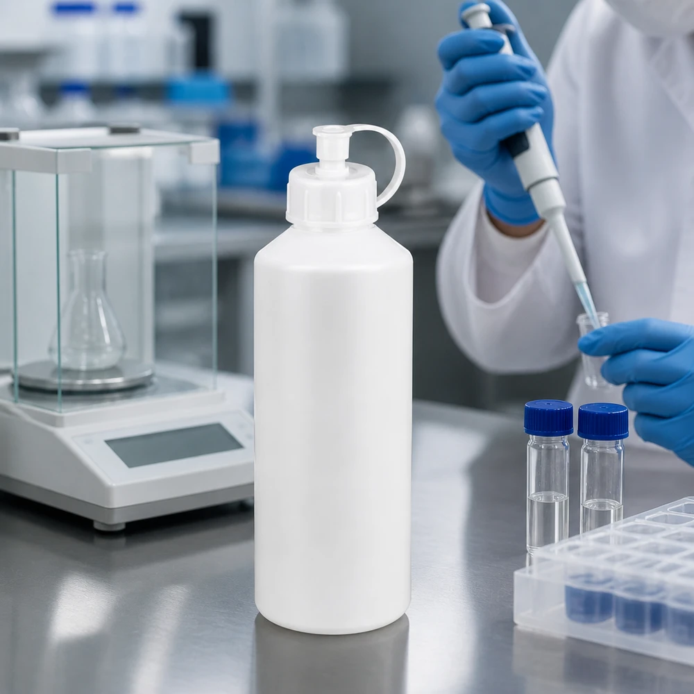 Chemicaliebestendige apothekersfles van 100 ml, gemaakt van HDPE, met een druppelprecieze spuitdop