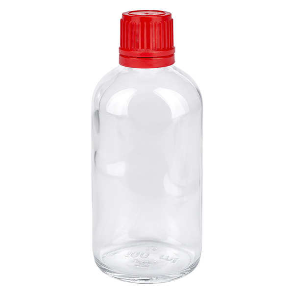 100ml fles 11mm SV rood OV ClearLine UT18/100 Doorzichtige glazen fles van 100 ml met rode schroefdop en ClearLine-zegel