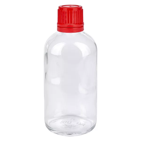 Doorzichtige glazen fles van 100 ml met rode schroefdop en ClearLine-zegel
