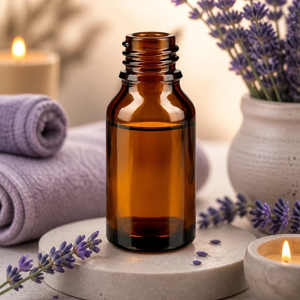 30ml bruin apothekersflesje ApoGlas met lavendel spa wellness aromatherapie handdoeken kaarsen sfeer