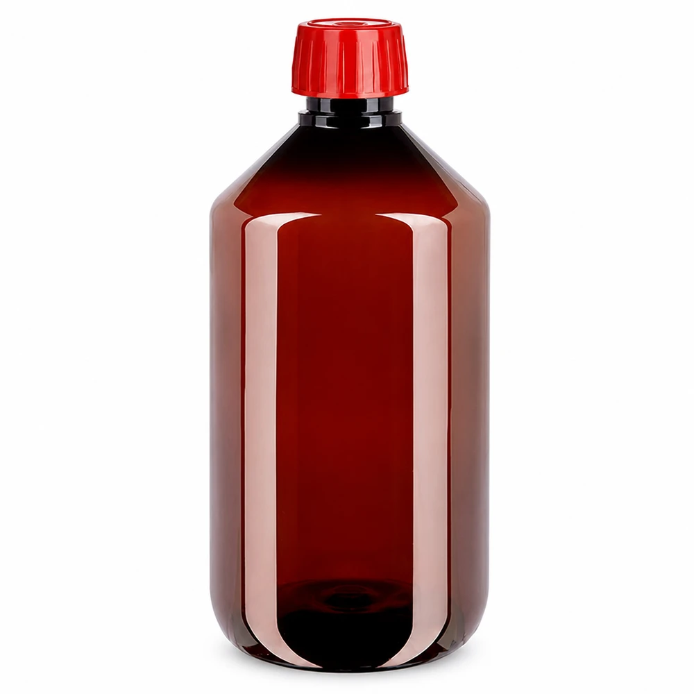 PET fles 500ml met ontgassingsdop rood Chemicaliebestendige PET-fles van 500 ml met rode ontgassingsdop in apotheekuitvoering