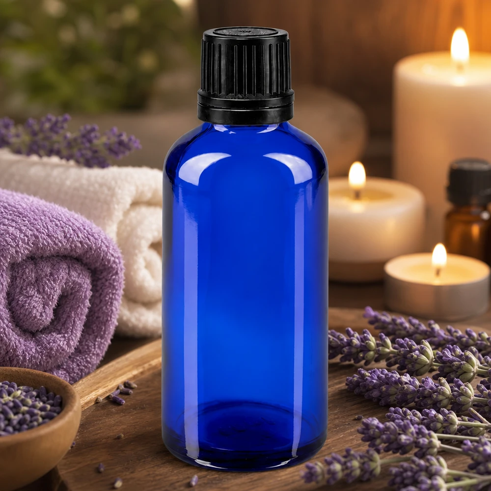 Hoogwaardige blauwe glazen fles van 50 ml met zwarte schroefdop en UV-bescherming Glo
