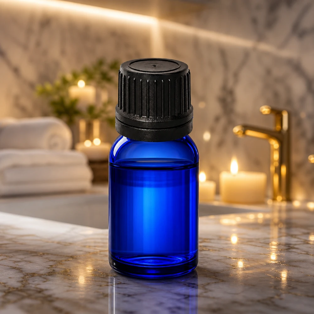 Klein blauw glazen flesje 5ml met druppeldichte zwarte dop voor aromatherapie en cosmetica