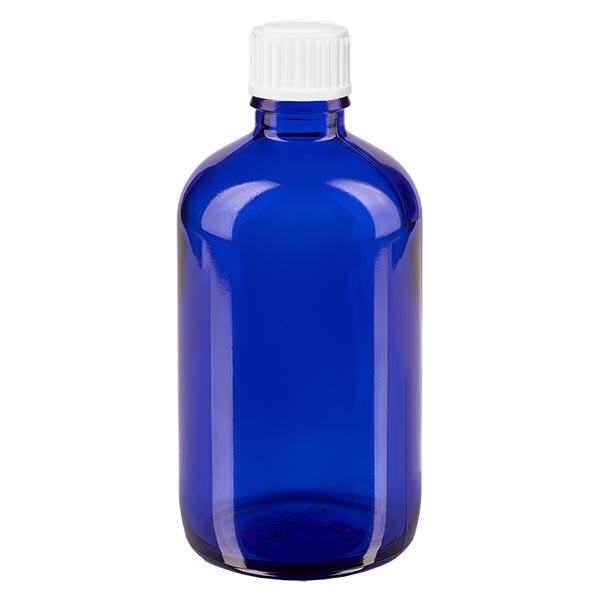Blauwe glazen flessen 100ml met wit schroefsluiting globuli uitgietring St Blauwe glazen flessen 100ml met wit schroefsluiting globuli uitgietring St