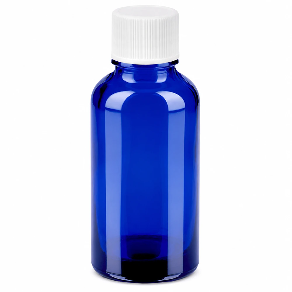 UV-bestendig blauw 30ml flesje met witte dop voor het veilig bewaren van tincturen