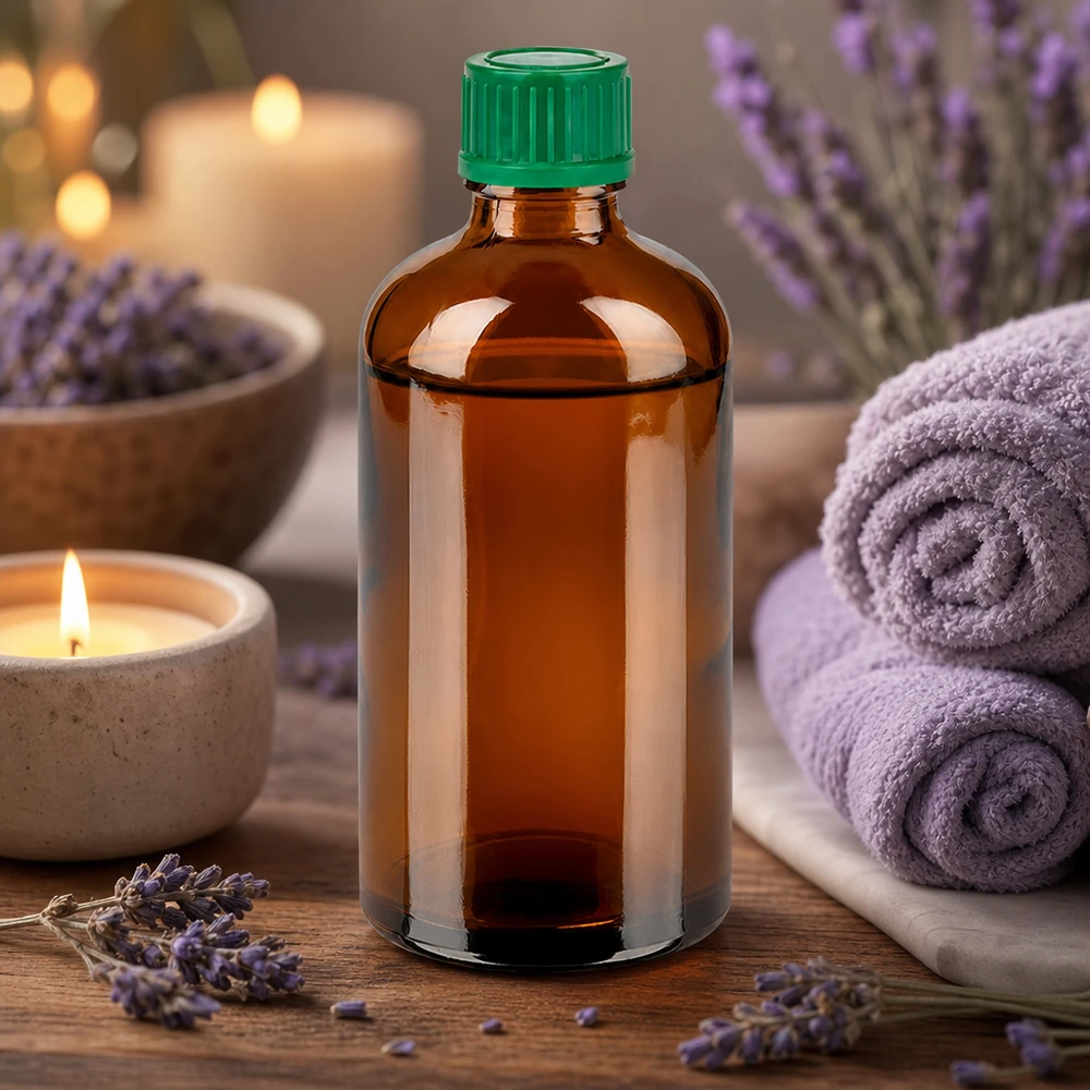 Professionele glazen fles van 100 ml in amberkleur met chemicaliënbestendige groene dop
