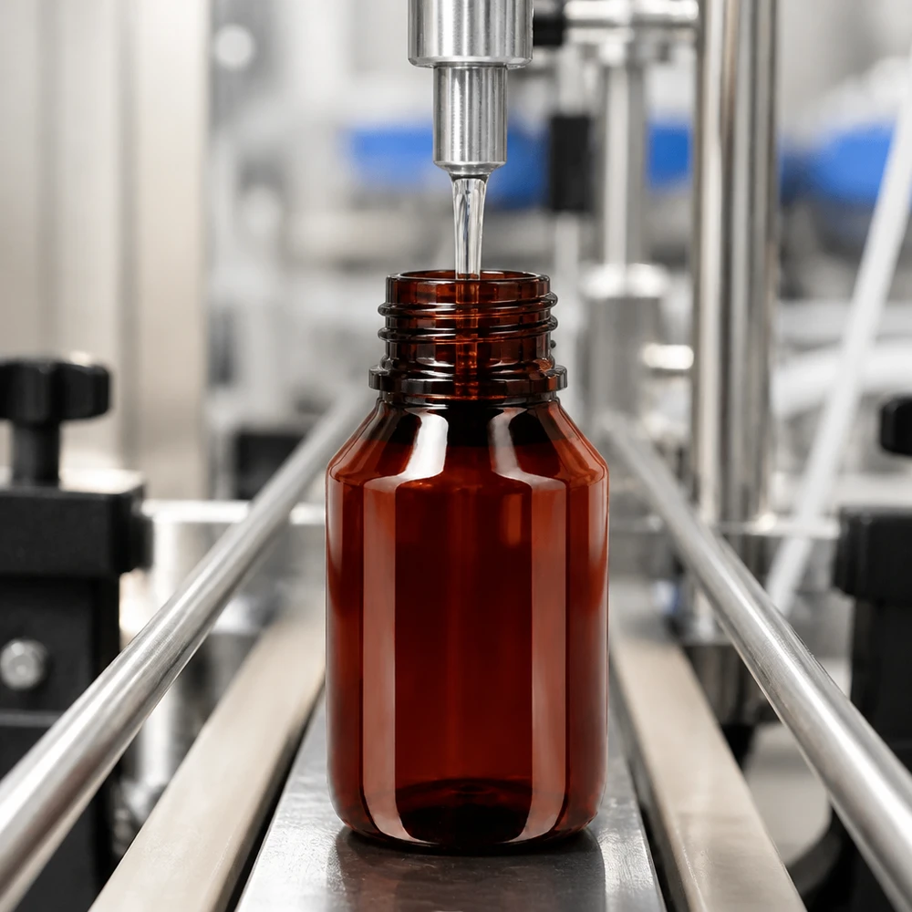 50 ml PET medicijnfles met verstuiver zwart GCMI 28/410 incl. dop transparant, standaard Kompakte 50ml PET Flasche braun mit Originalitätsverschluss auf Edelstahl Abfüllstation
