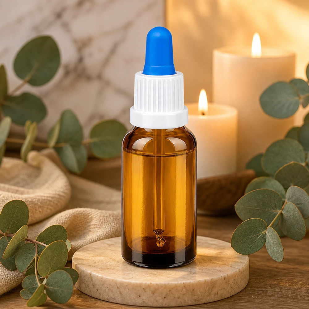 20ml apothekersflesje van robuust amberkleurig glas met witte schroefdop voor etherische oliën