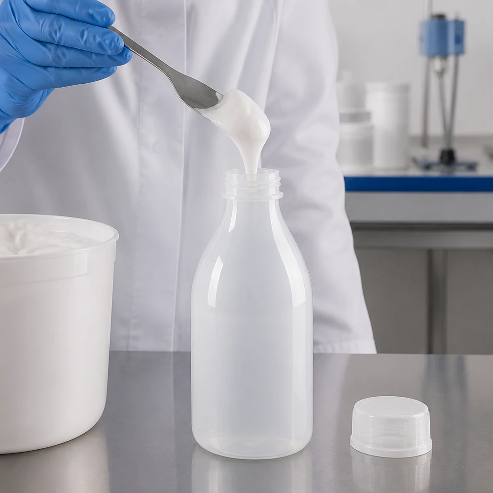 Schroeffles met smalle hals, 100 ml, met witte kunststof dop en roerwerk op de achtergrond