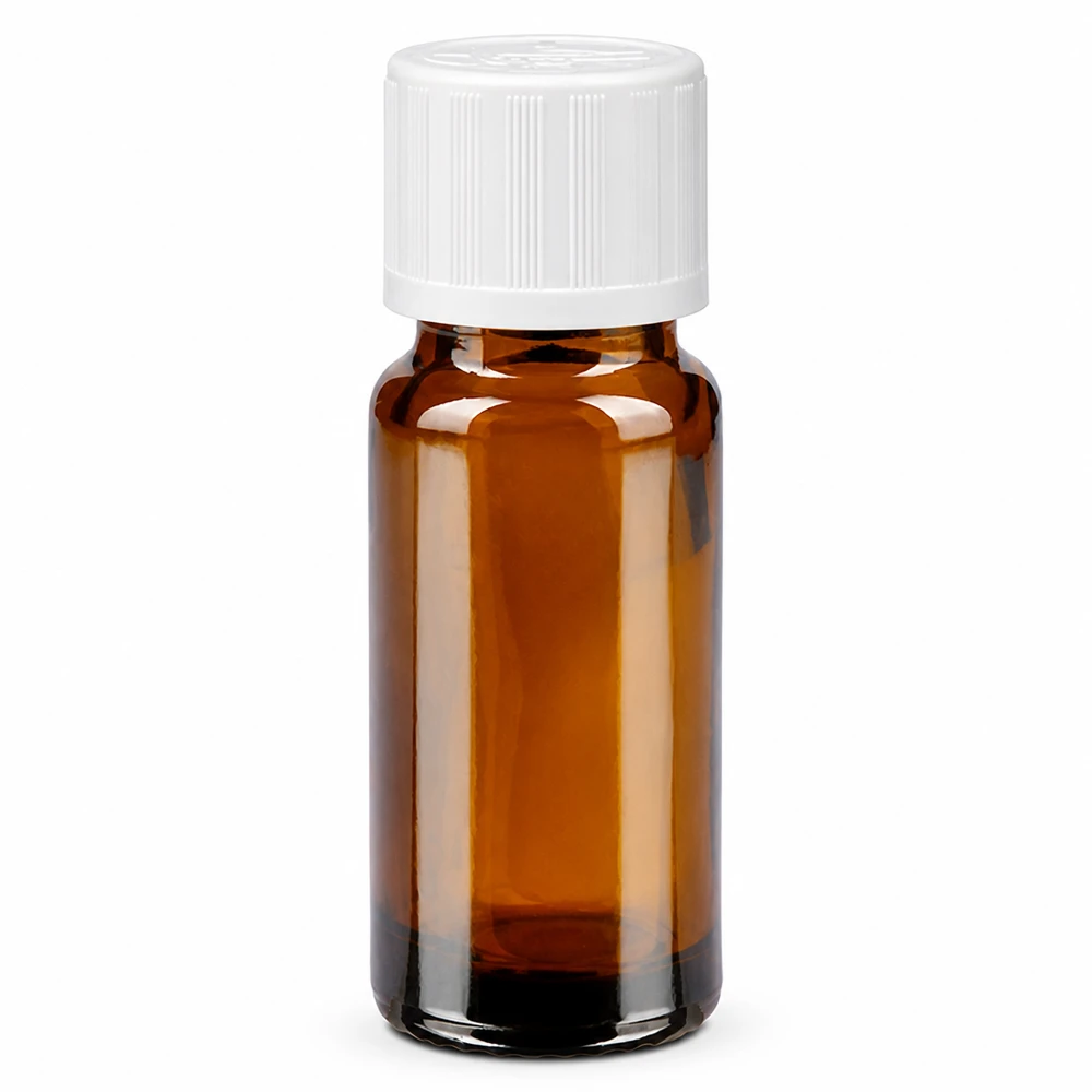 Bruine glazen fles 10ml met wit schroefsluiting kinderslot St Apothekersflesje van 10 ml, bruine glas, met witte KiSi-dop voor farmaceutische producten