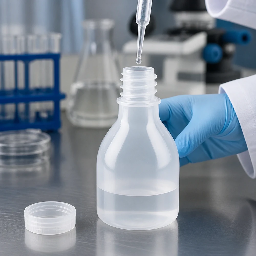 Compacte laboratoriumfles van kunststof van 20 ml met smalle hals, zonder dop en met zichtbare schroefdraadrand