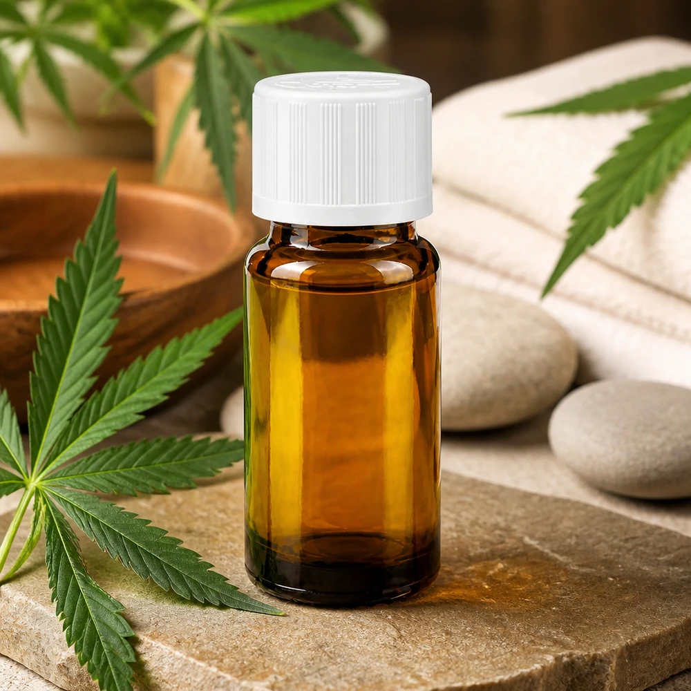 Bruine glazen fles 10ml met wit druppelsluiting kinderslot St Bruine druppelfles van 10 ml met een inzetstuk van 1,2 mm en een witte KiSi-dop in een wellness-omgeving