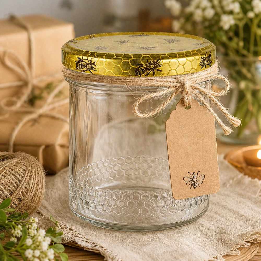 400ml honingpot decoratief met raffia koord en hanger, gouden bijenpatroon deksel, rustieke geschenkverpakking