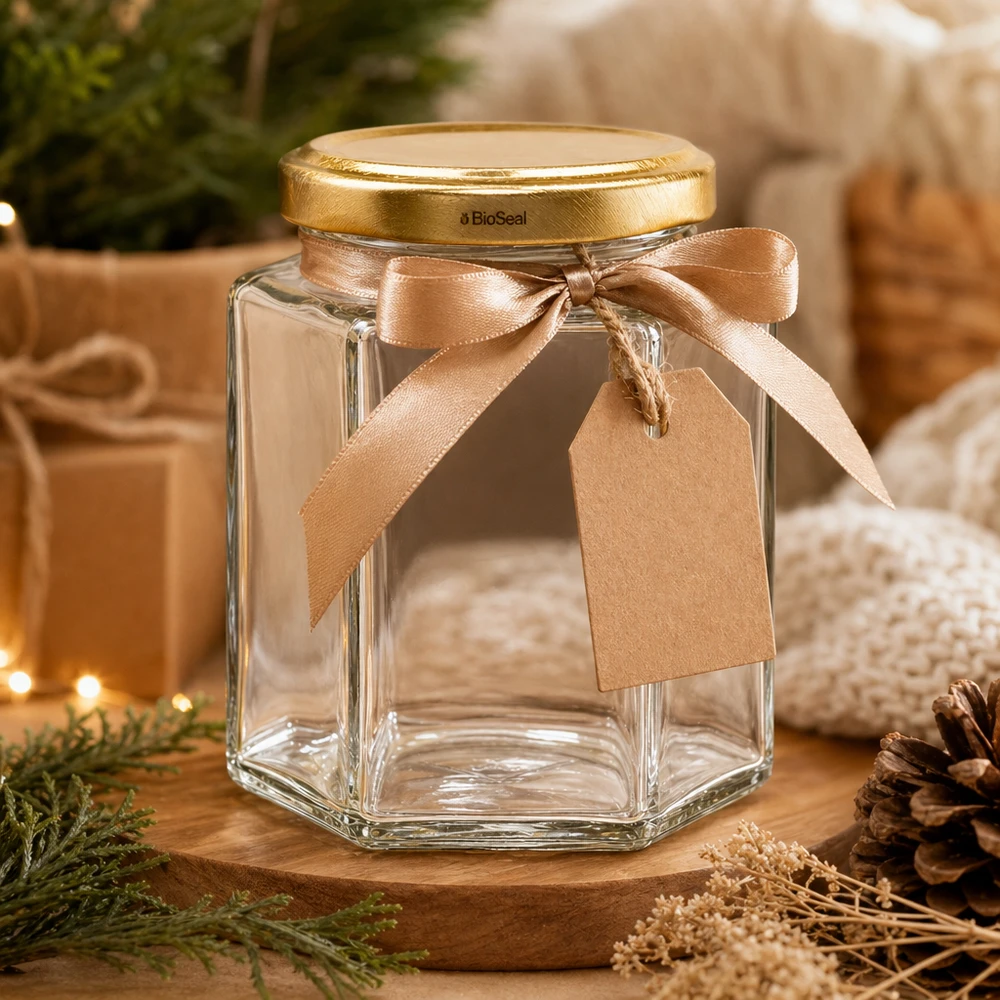 196ml hexaglas met BioSeal deksel goud UNiTWIST UNiTWIST Hexa196 geschenkpot met gouden TO58 BioSeal deksel, bruine strik en cadeaulabel als geschenk