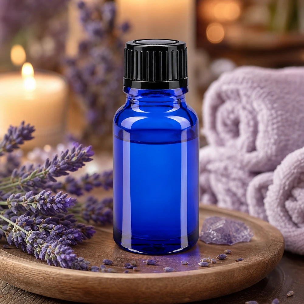 Blauwe glazen flessen 10ml met zwart sluiting St Kobaltblauwe apothekersfles van 10 ml glas met zwarte dop, lavendelolie
