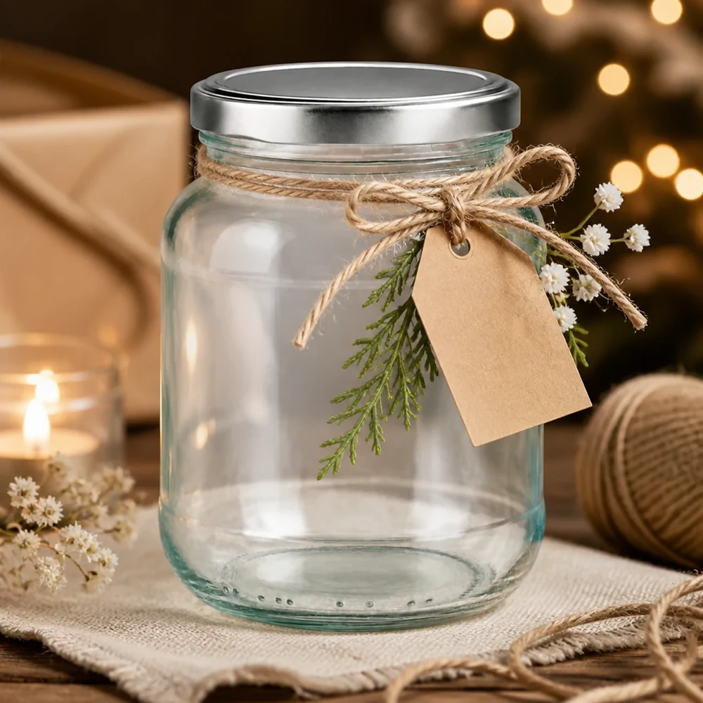 370ml ovaal glas met BasicSeal deksel zilver UNiTWIST 370 ml ovale pot met zilveren BasicSeal deksel als cadeau-idee gedecoreerd met jute koord en cadeaulabel