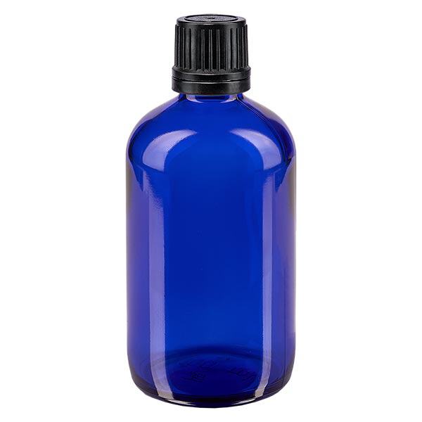 Blauwe glazen flessen 100ml met zwart schroefsluiting uitgietring VR Blauwe glazen flessen 100ml met zwart schroefsluiting uitgietring VR