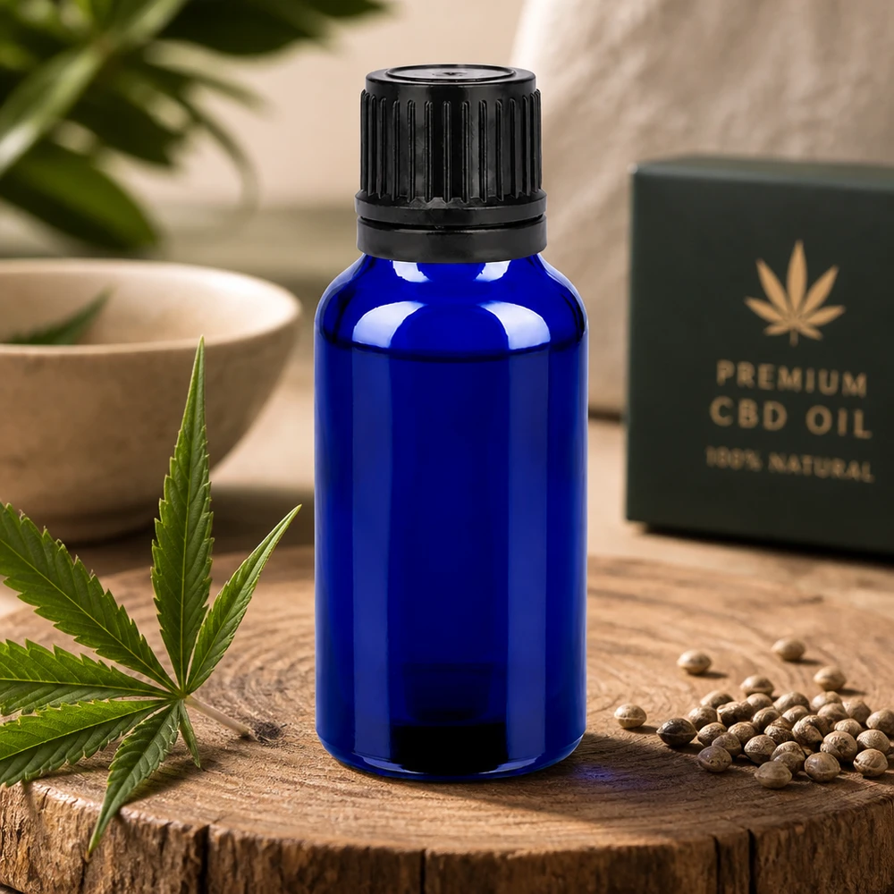 20ml blauw glazen flesje met 11mm SV zwart voor het veilig bewaren van extracten