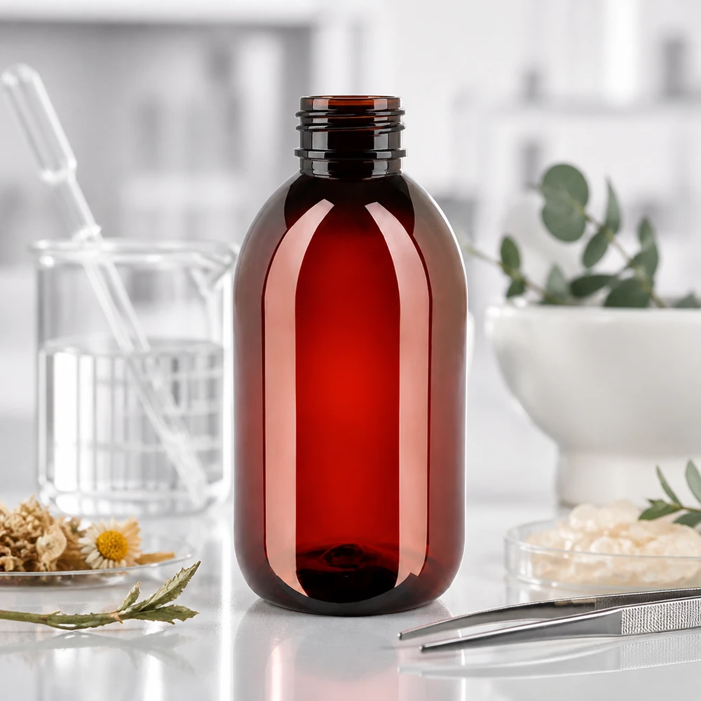Doorzichtige bruine PET-siroopfles van 250 ml met witte originele dop, zonder etiket