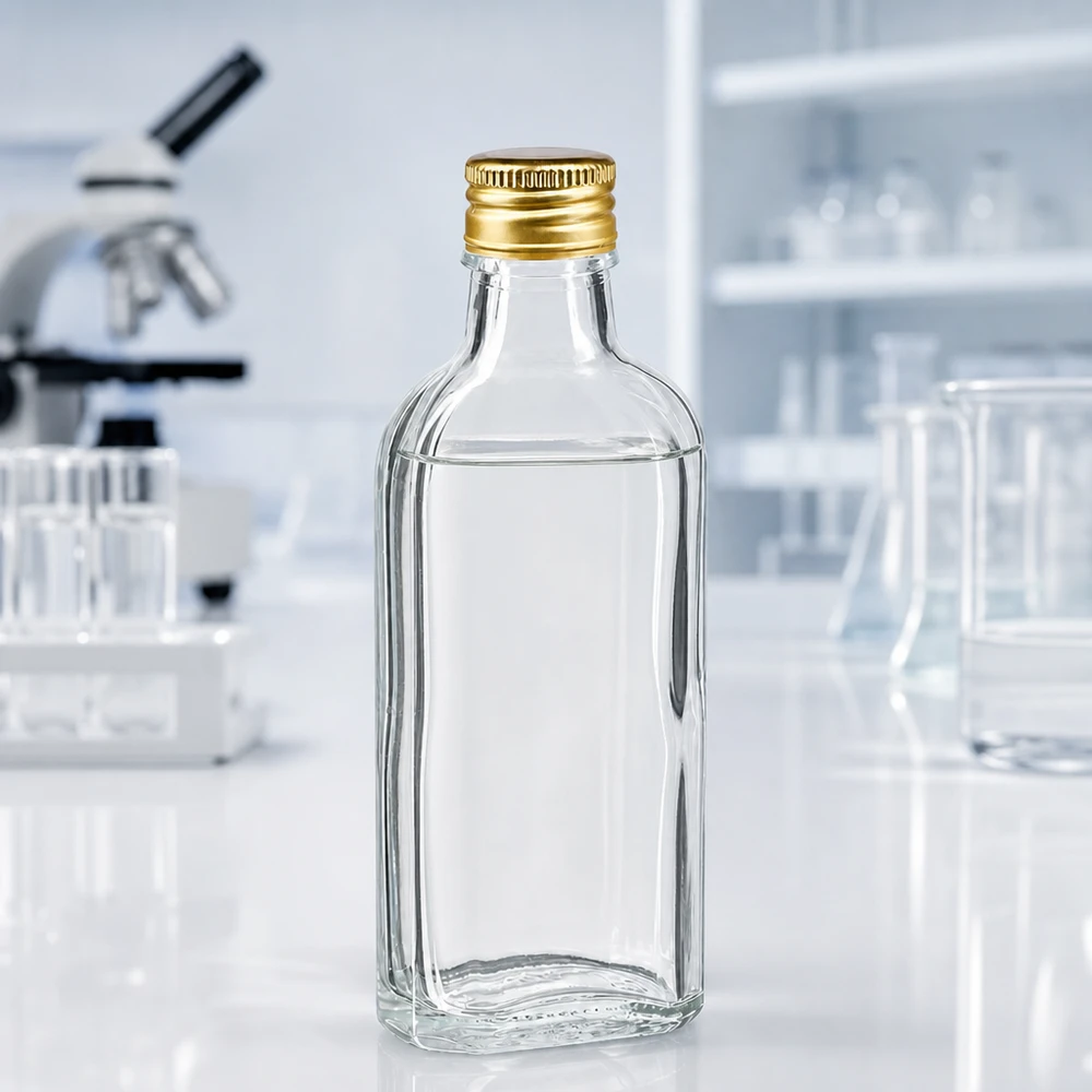 Lege, heldere Meplat-glazen fles van 100 ml met gouden PP22-dop voor monsters en oliën