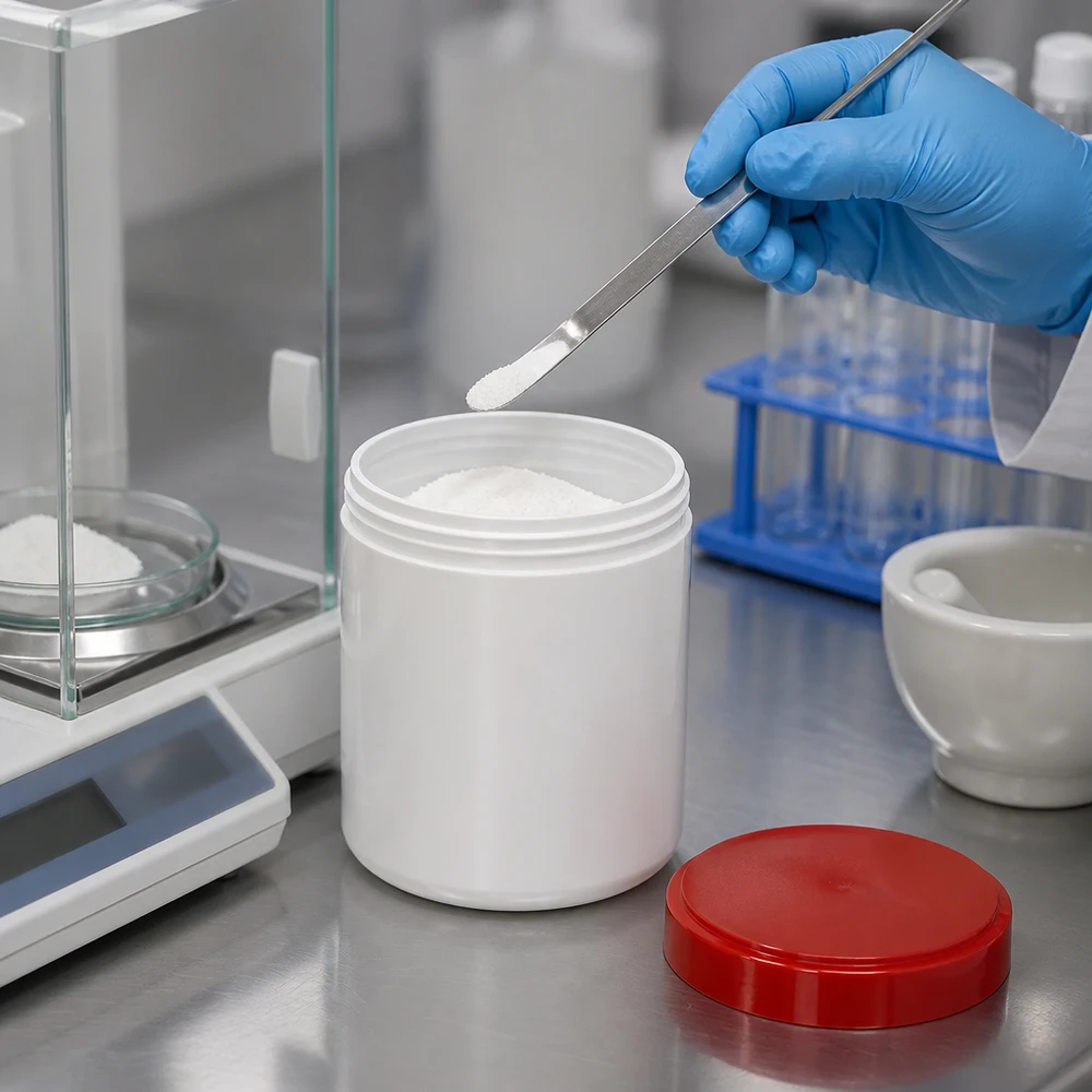 Zalfpot 30 g wit met rood schroefdeksel (PP) Farmaceutische afvulling van een witte substantie in een plastic potje met een rode dop