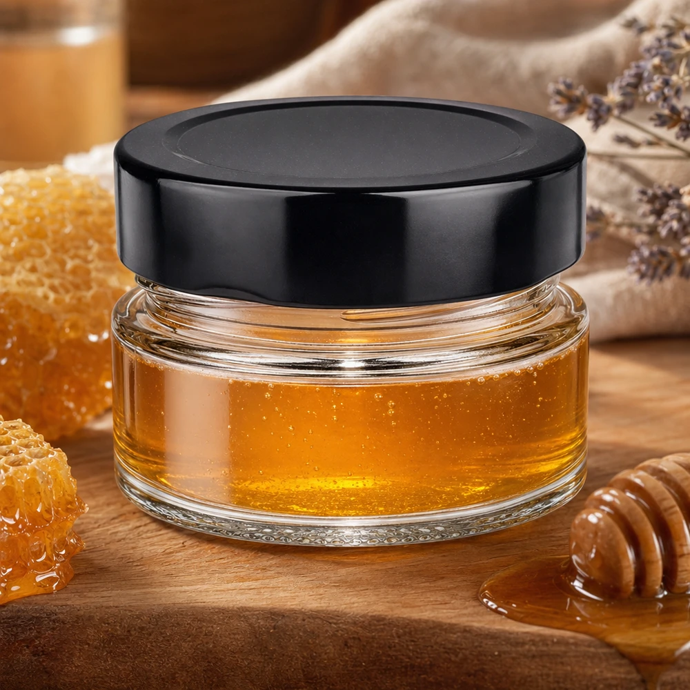 80ml rond potje met zwart BasicSeal deksel gevuld met honing Honingraat houten lepel natuurlijk keukenschouwspel