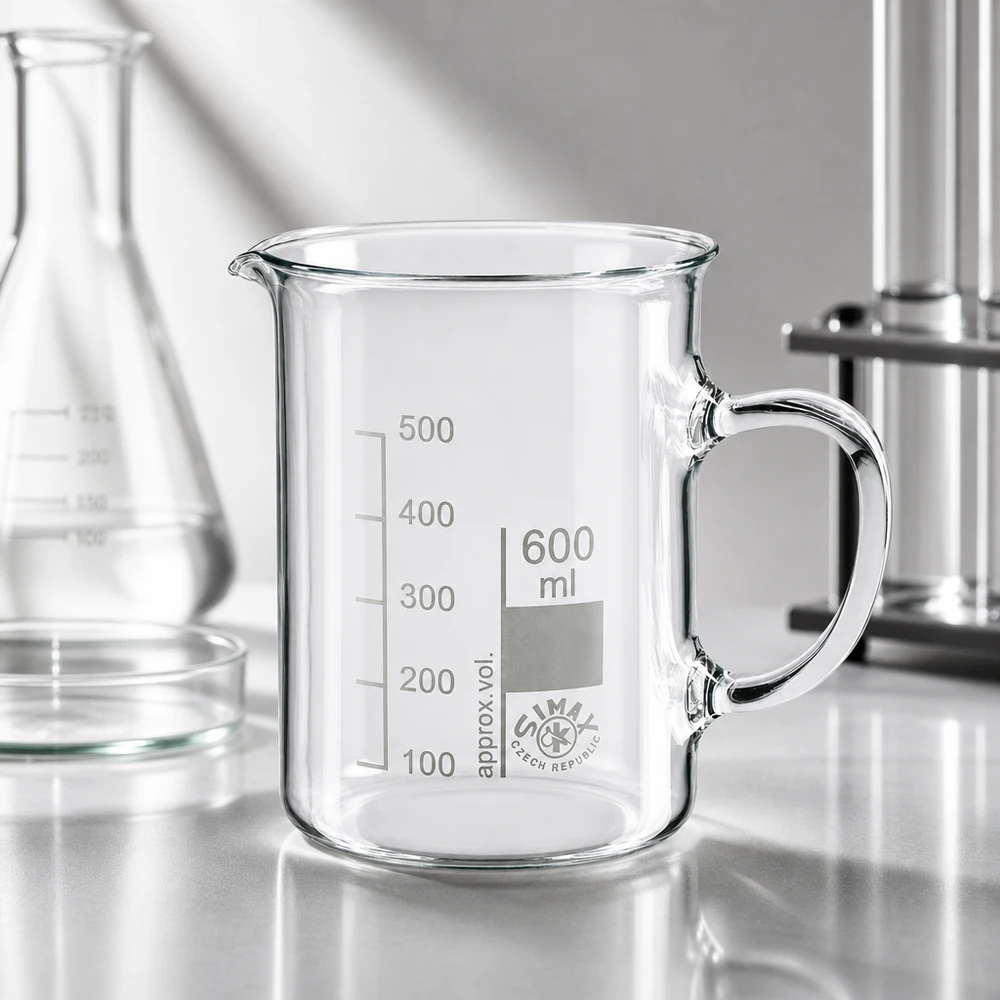 Maatbeker van 600 ml met handvat, schaalverdeling van 100 tot 500 ml, van doorzichtig borosilicaatglas