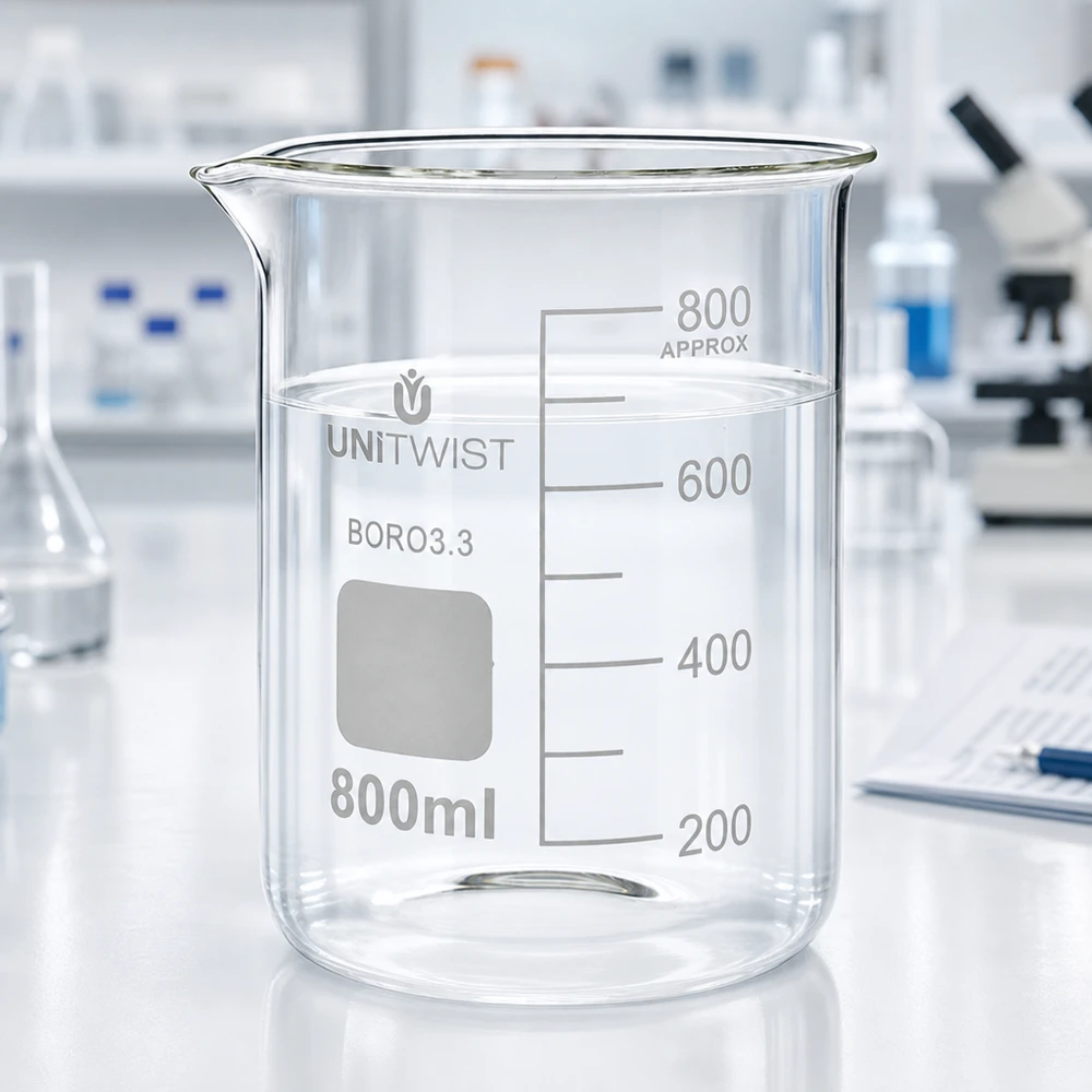 Beker 800ml borosilicaat, lage vorm UNiTWIST Borosilicaatglas maatbeker 800 ml UNiTWIST, laag model met schaalverdeling tot 800 ml (ongeveer)