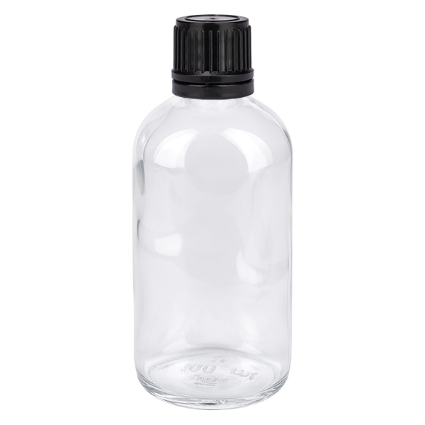 100ml (Globul)Flas. 8mm GR s. STD ClearL. UT18/100 Doorzichtige glazen fles van 100 ml met zwarte schroefdop voor homeopathische korrels en homeopathie