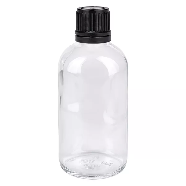 100ml (Globul)Flas. 8mm GR s. STD ClearL. UT18/100 Doorzichtige glazen fles van 100 ml met zwarte schroefdop voor homeopathische korrels en homeopathie