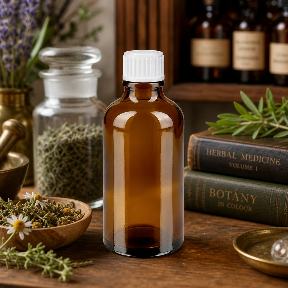 Bruine glazen fles 50ml met wit schroefsluiting St Apothekerspotje 50 ml met UV-bescherming, bruin, naast een vijzel, kruidenpotjes en een boek over kruidengeneeskunde