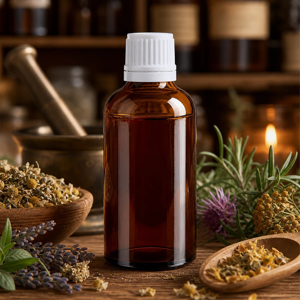 Apothekersflesje van bruin glas, 50 ml, met kindveilige witte dop, geschikt voor kruidentincturen