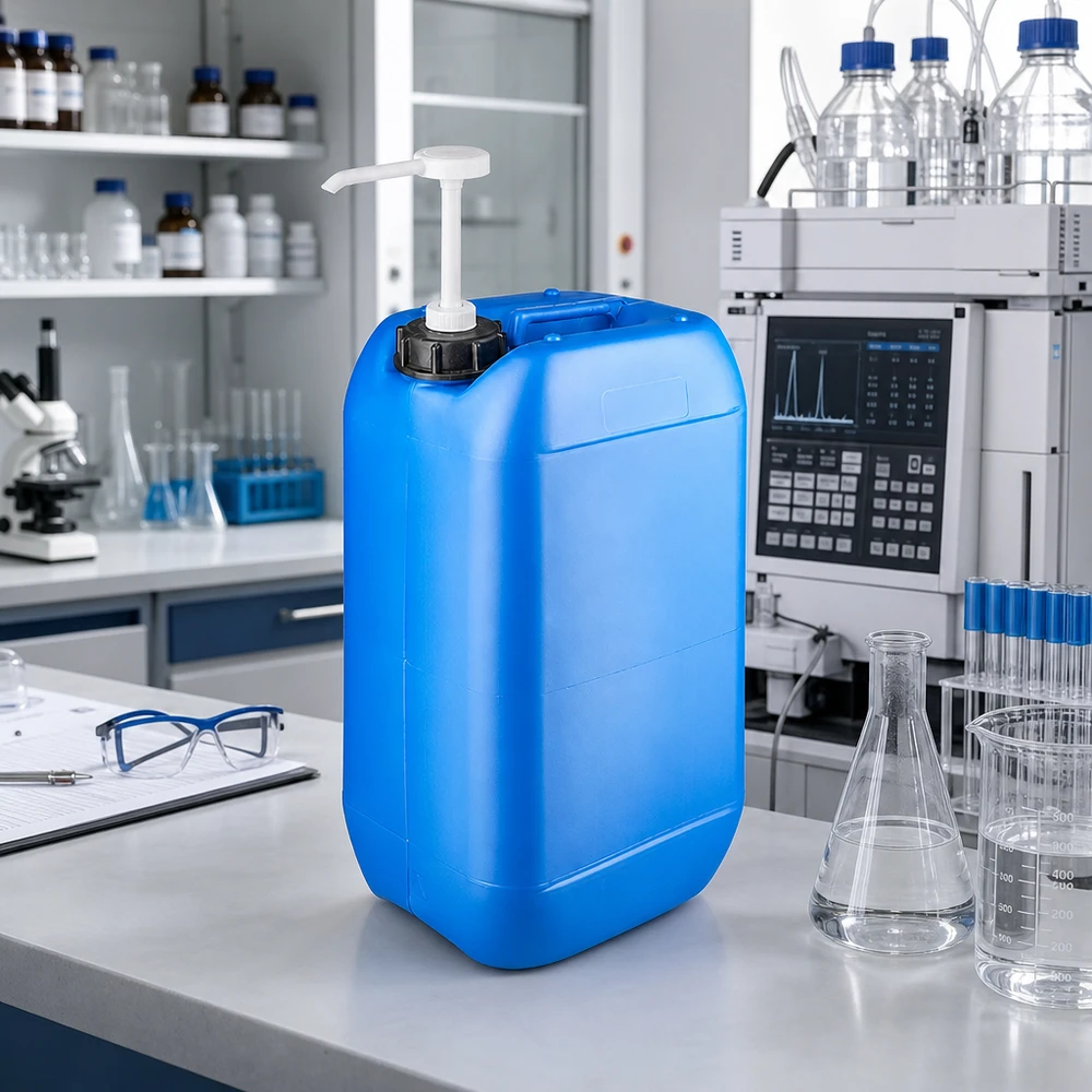 Canister 15 liter blauw met doseerpomp Stevige blauwe opslagkanister van 15 liter met pompdispenser voor een nauwkeurige dosering van chemicaliën