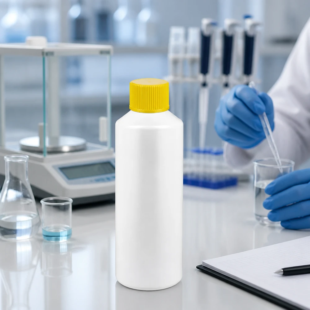 Kleine witte HDPE-laboratoriumfles van 100 ml met gele dop voor vloeistoffen