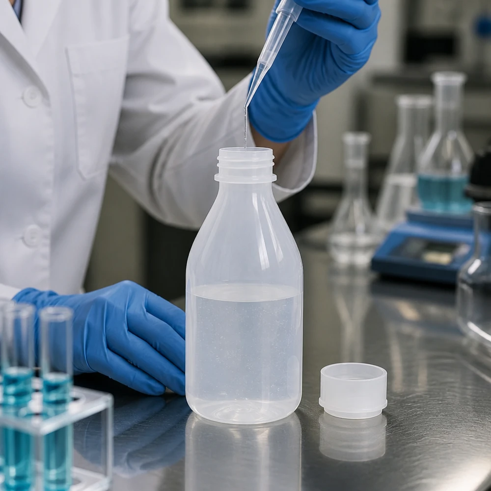 Nauwe hals laboratoriumfles 100ml met schroefsluiting Een doorzichtige schroeffles van 100 ml met een heldere vloeistof naast een Erlenmeyer-kolf in het reinlaboratorium