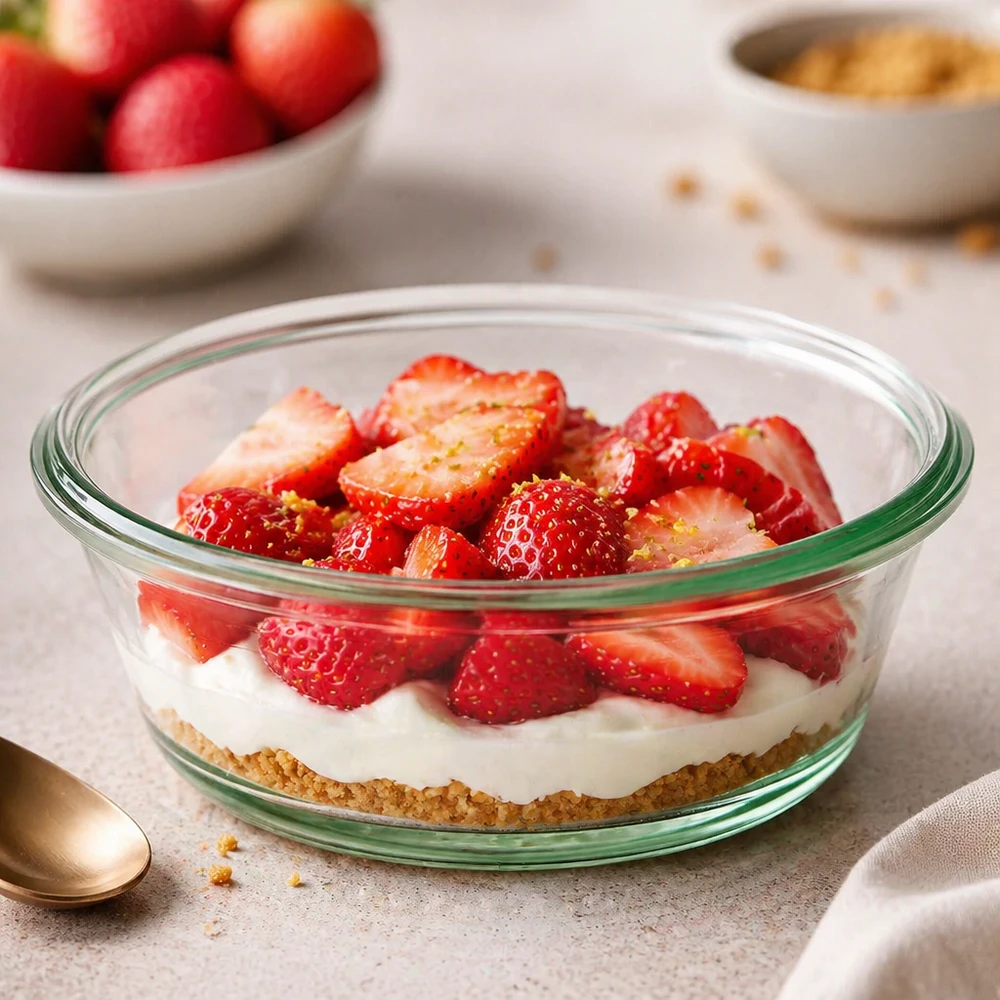 WECK RR120 gourmetglas van 300 ml WECK Gourmetpot 300ml RR120 als dessertschaal met aardbeien en room toont veelzijdig gebruik als serveerpot