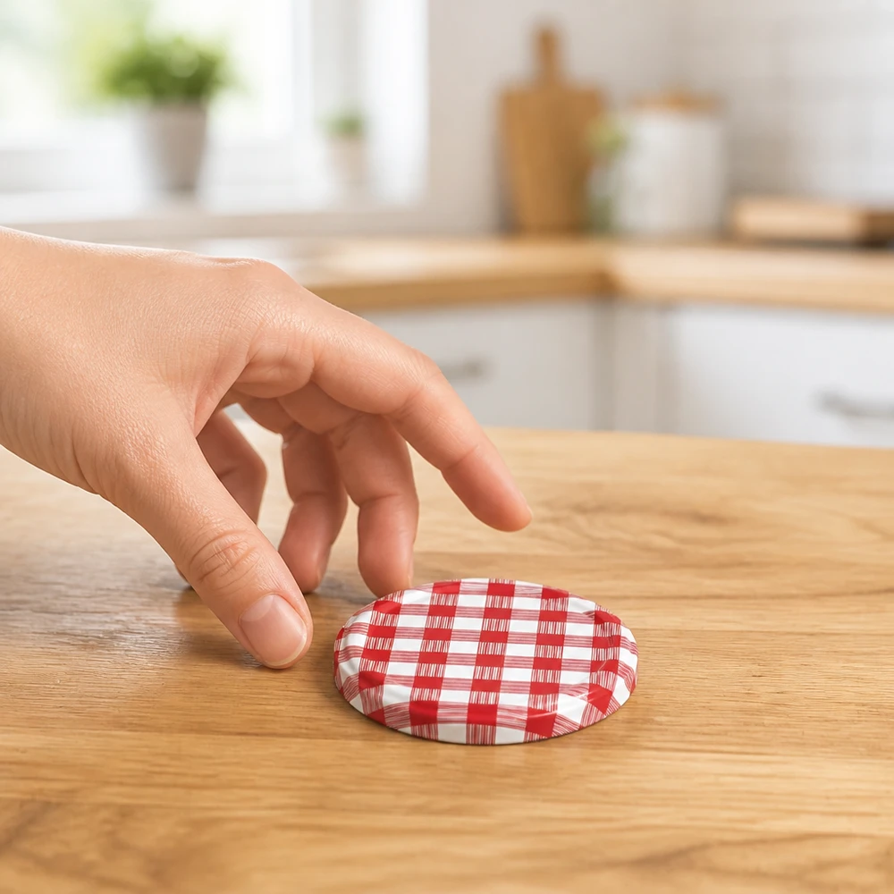 82 mm BasicSeal-deksel, ruitjesmotief rood/wit (TO82) UNiTWIST BasicSeal-deksel voor inmaakpotten met rood-wit ruitjespatroon in landhuisstijl, geschikt voor potten van 82 mm