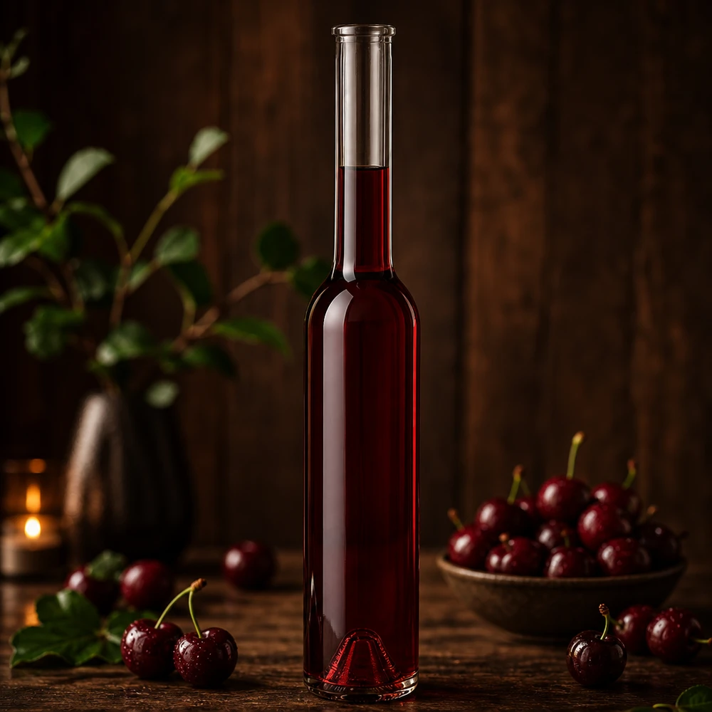 200 ml glazen fles Hugo gevuld met rode kersenlikeur verse kersen kom warme verlichting houten tafel