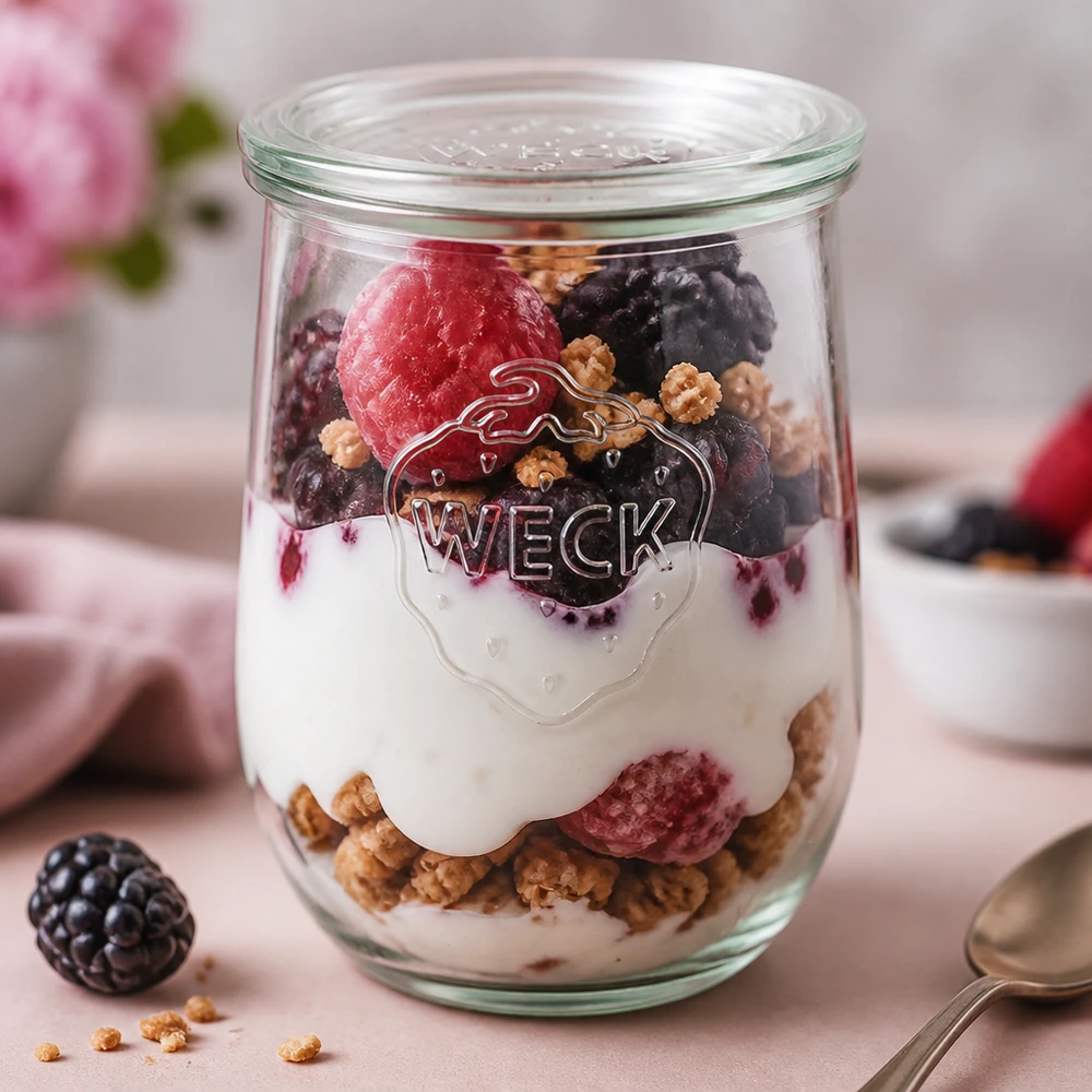 WECK tulp pot 1062ml gevuld met yoghurt bessen muesli gelaagd dessert RR100 pot deksel ontbijt parfait roze backgru