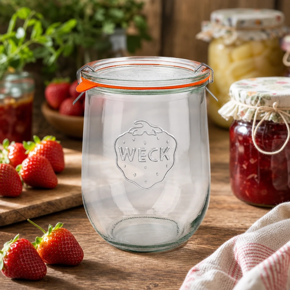 1062ml tulpenglas compleet WECK RR100 WECK tulpenpot 1062ml RR100 leeg met aardbeien en zelfgemaakte jam op rustieke houten tafel in keuken